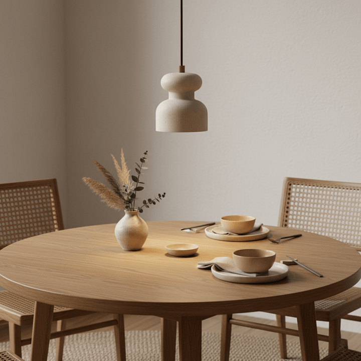 Lampa wisząca z teksturowanego trawertynu w kształcie tykwy