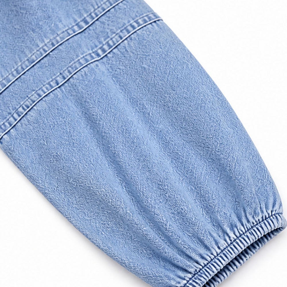 Solène – Damska sukienka midi babydoll z bufkami i dekoltem w serek w stylu dżinsowym