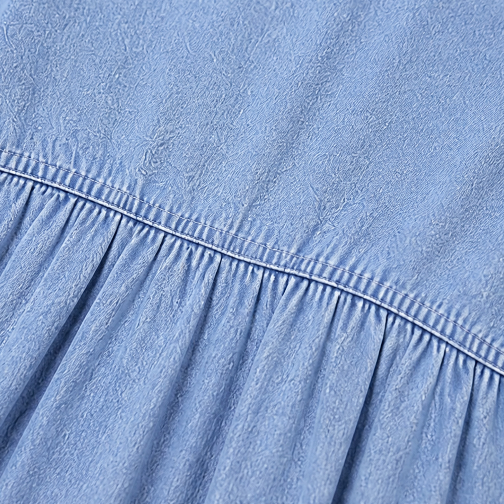 Solène – Damska sukienka midi babydoll z bufkami i dekoltem w serek w stylu dżinsowym