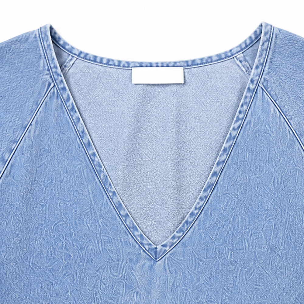 Solène – Damska sukienka midi babydoll z bufkami i dekoltem w serek w stylu dżinsowym