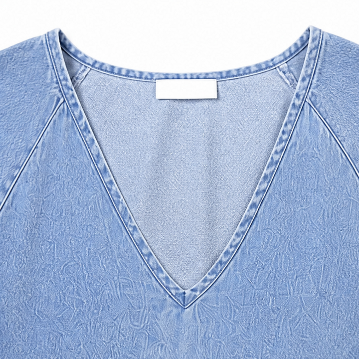 Solène – Damska sukienka midi babydoll z bufkami i dekoltem w serek w stylu dżinsowym