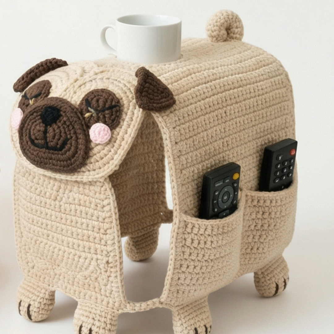 Cozipup – Organizer na podłokietnik dla psa z dzierganym uchwytem na kubek
