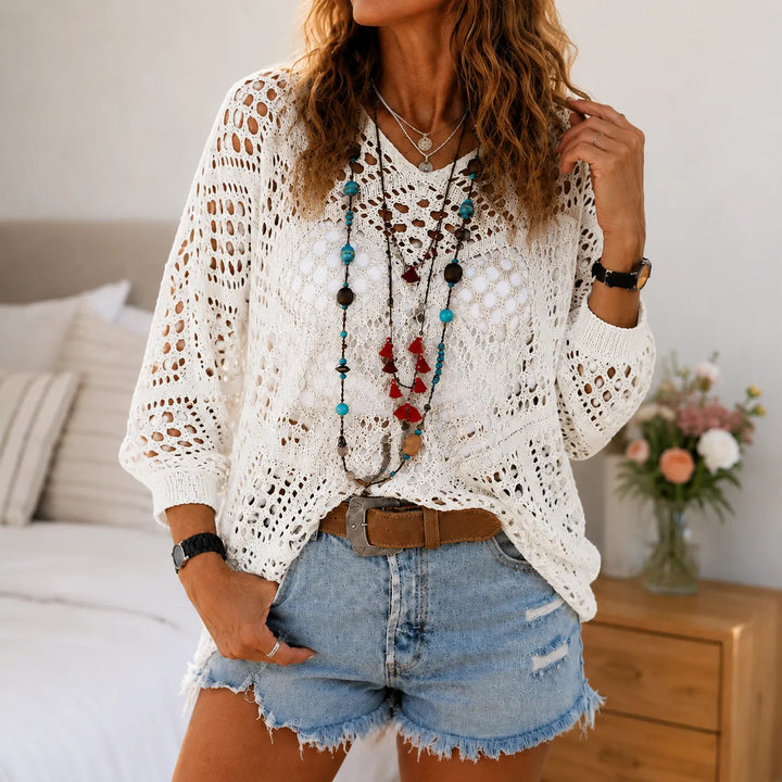 Marigrove – Boho Damski Top V-Neck Szydełkowy