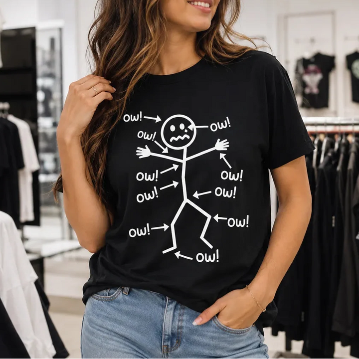 Achewear – Śmieszna koszulka z rysunkiem "Ow!" w stylu stick figure, luźny fason, t-shirt przypominający bawełnę dla kobiet i mężczyzn
