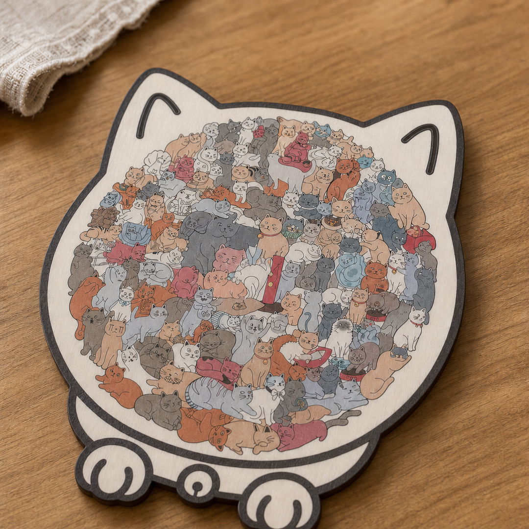 Purrzzle – Drewniana układanka w kształcie kota, 135 elementów