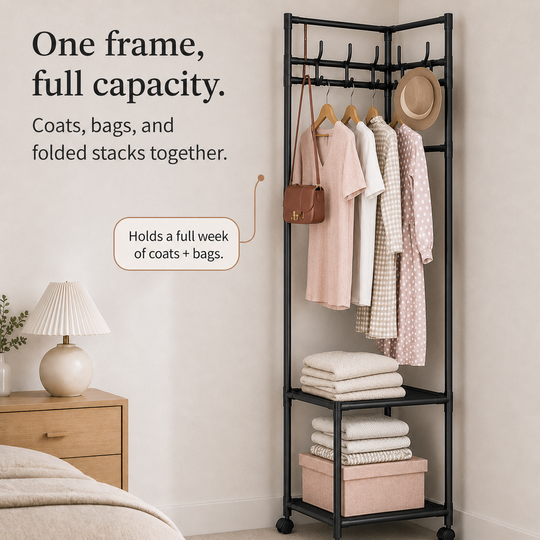 Nookstand – Stojak na ubrania oszczędzający miejsce z półką i hakami