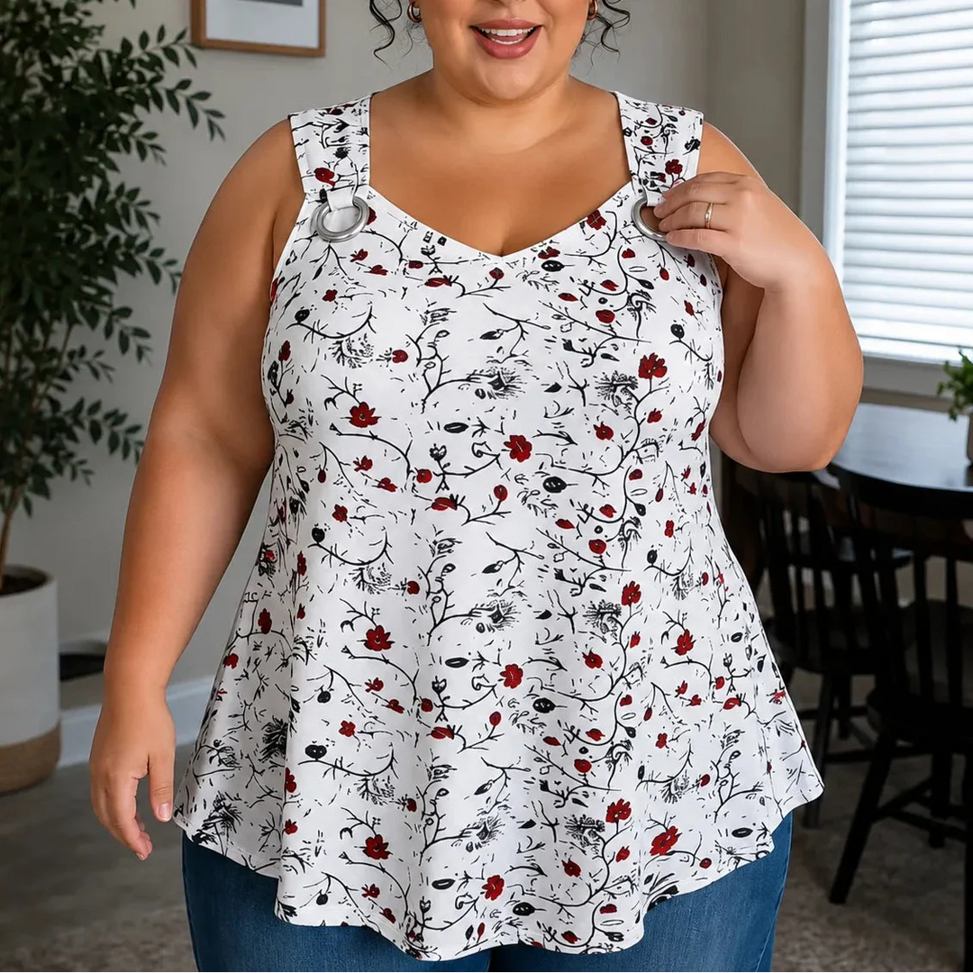 Wearlora – Koszulka Swingowa w Kwiaty Plus Size z Ramiączkami w Kształcie O