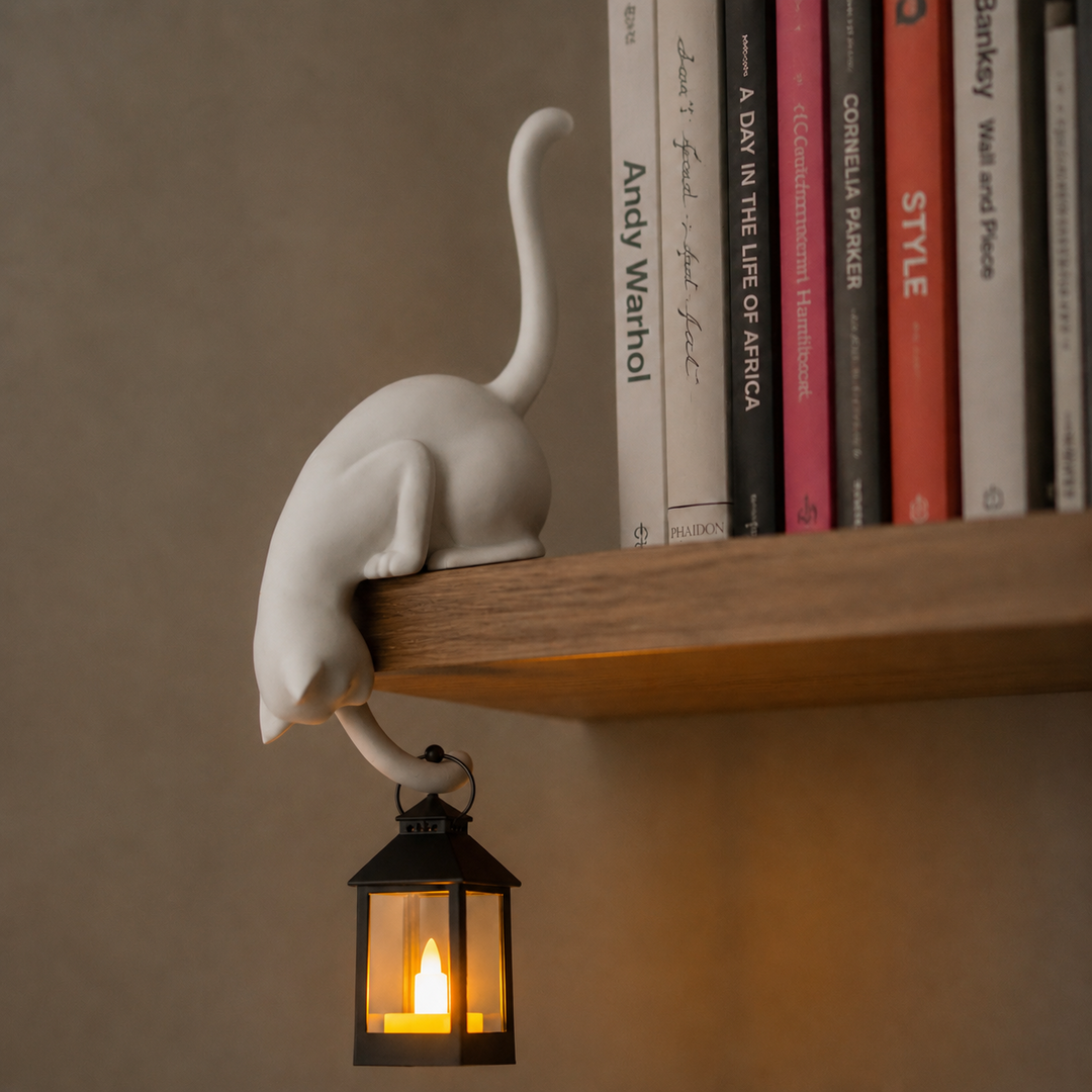 Ledgekit – Figurki kota na krawędzi półki z latarnią LED