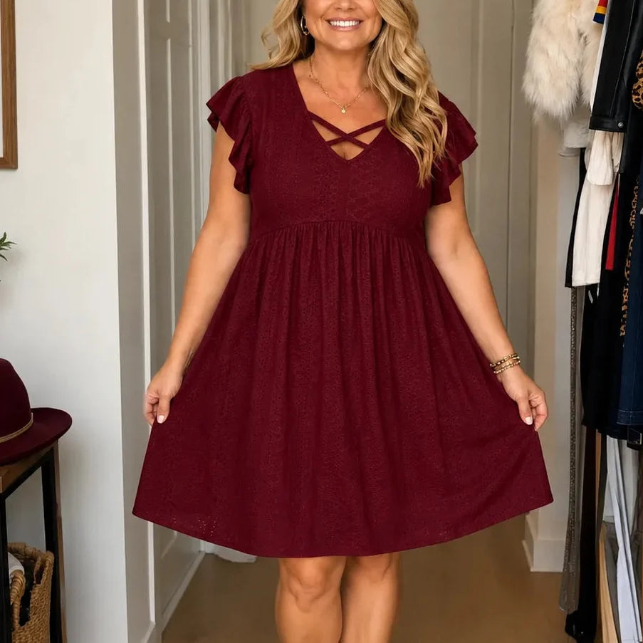 Florelle – Sukienka Babydoll z Oczkami dla Kobiet z Krzyżującym się Dekoltem w Kształcie V i Falbaniastymi Rękawami