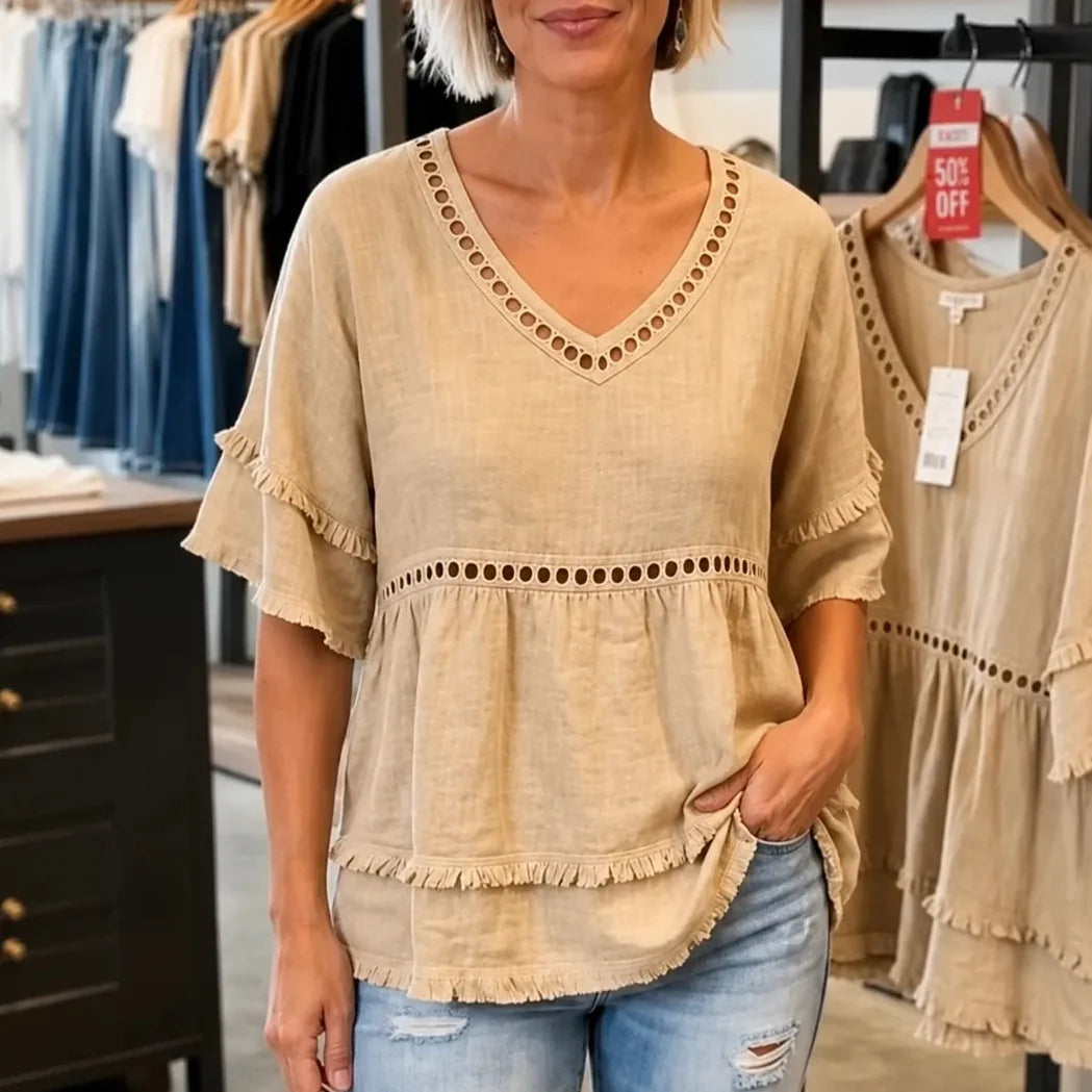 Solavie – Boho Tunika z Dekoltem w Serek i Frędzlami dla Kobiet
