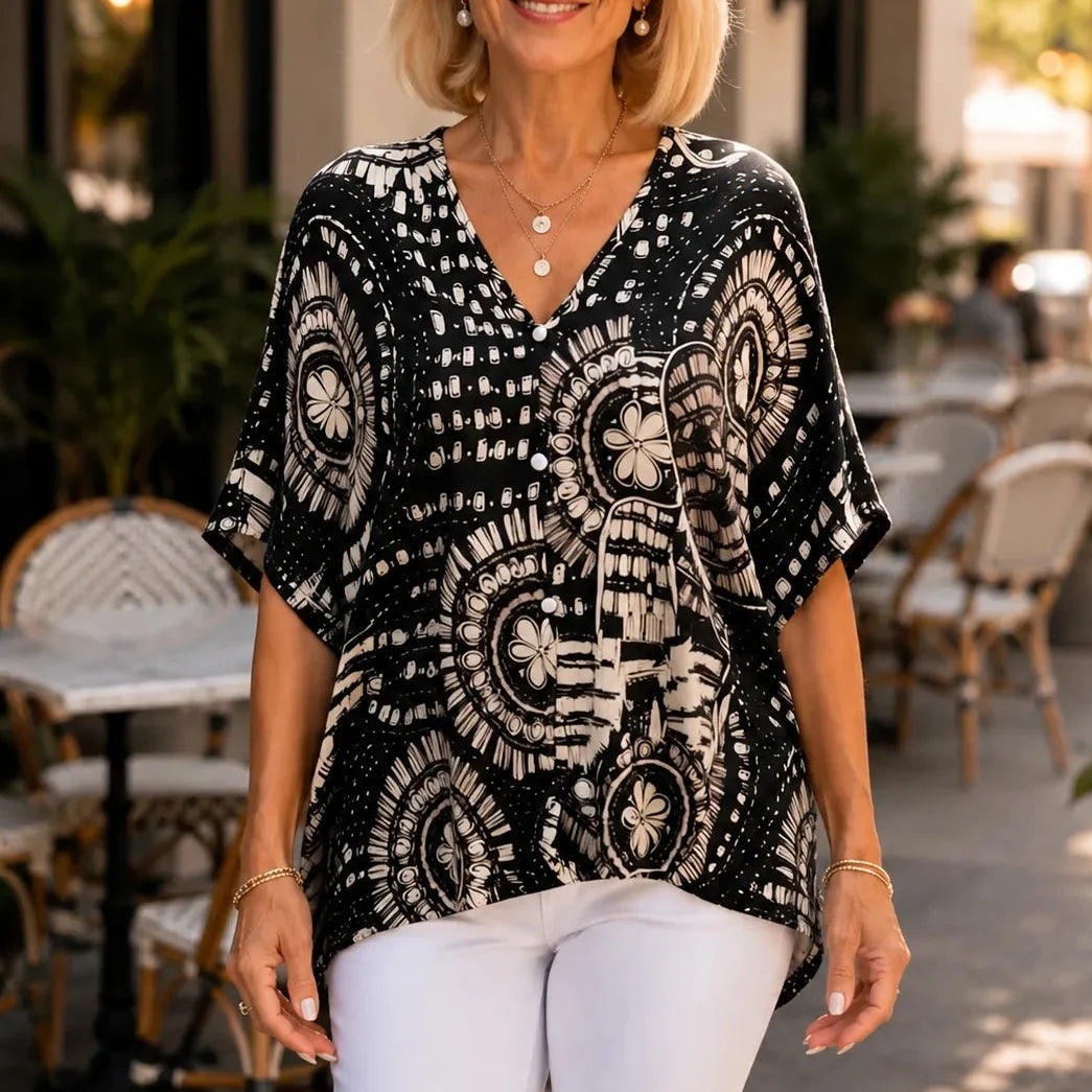 Solvana – Boho Top z Dekoltem w Serek i Rękawami Dolman dla Kobiet, Luźna Letnia Bluzka w Kwiaty