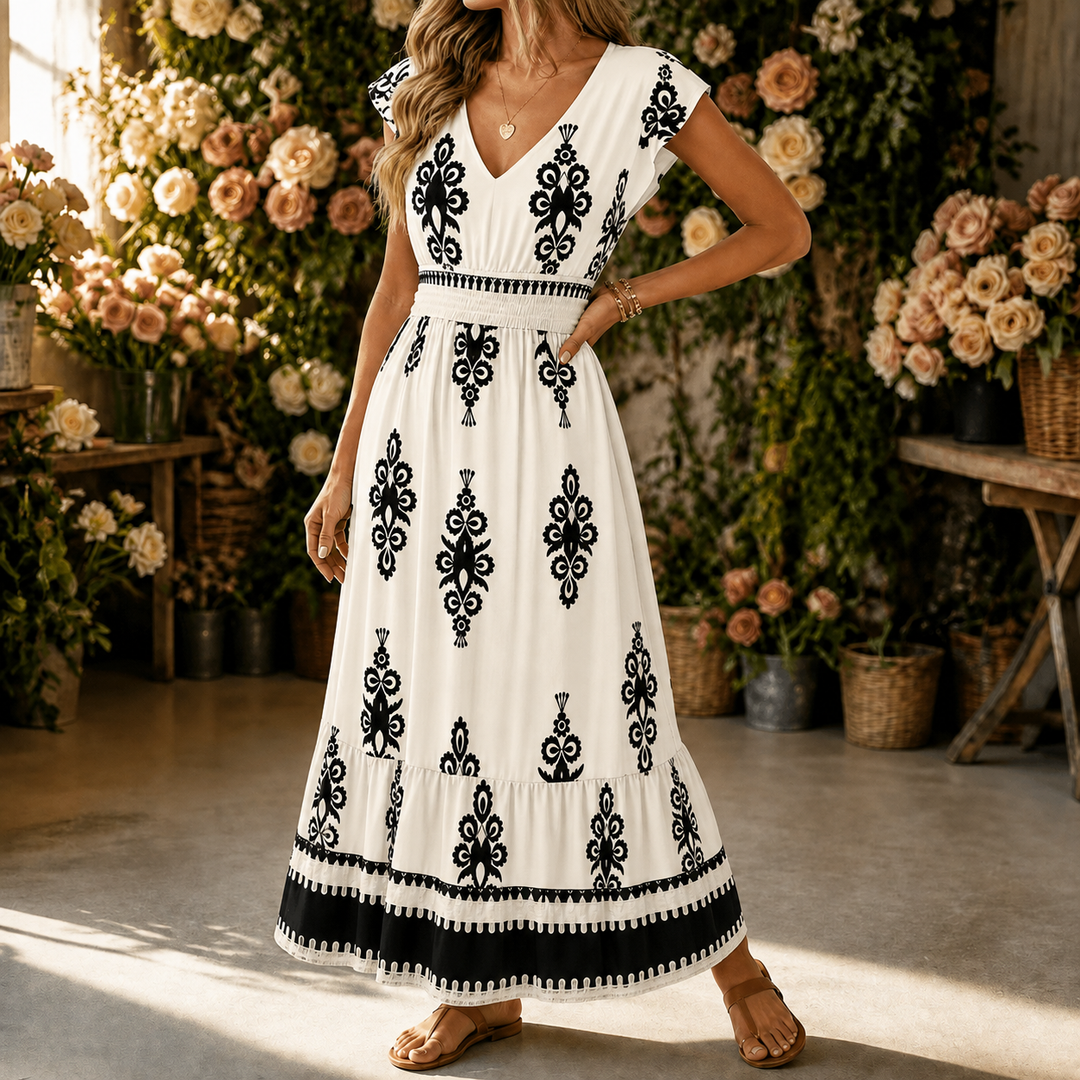 Osyrel – Midi sukienka damska w deseń damask z dekoltem w serek