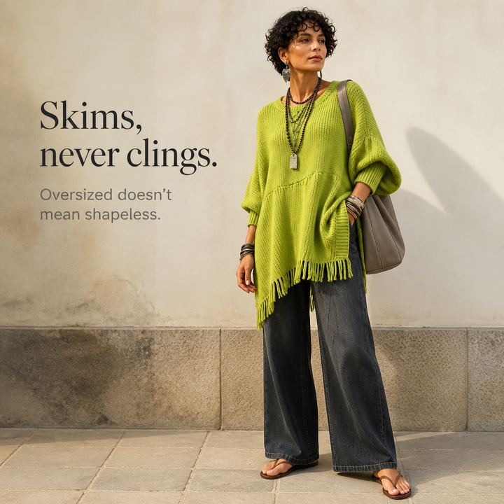 Limehaven – Teksturowany Poncho z Frędzlami i Rękawami Batwing