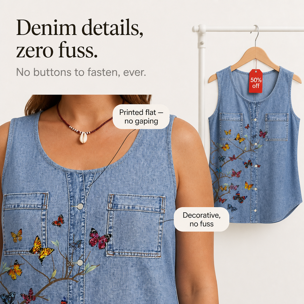 Denimly – Koszulka na ramiączkach z haftem botanicznym w stylu dżinsowym