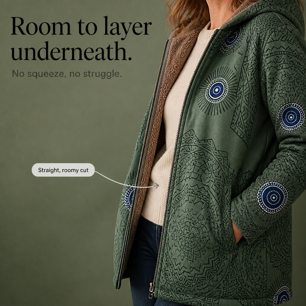 Leaf &amp; Loom – Wydrukowany Zimowy Płaszcz z Kapturem