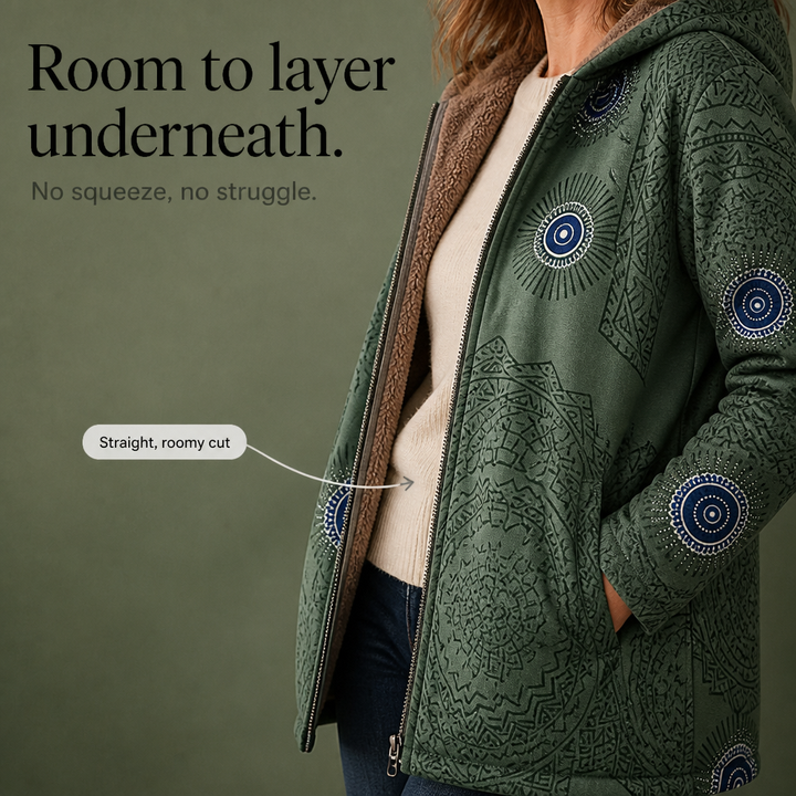 Leaf &amp; Loom – Wydrukowany Zimowy Płaszcz z Kapturem