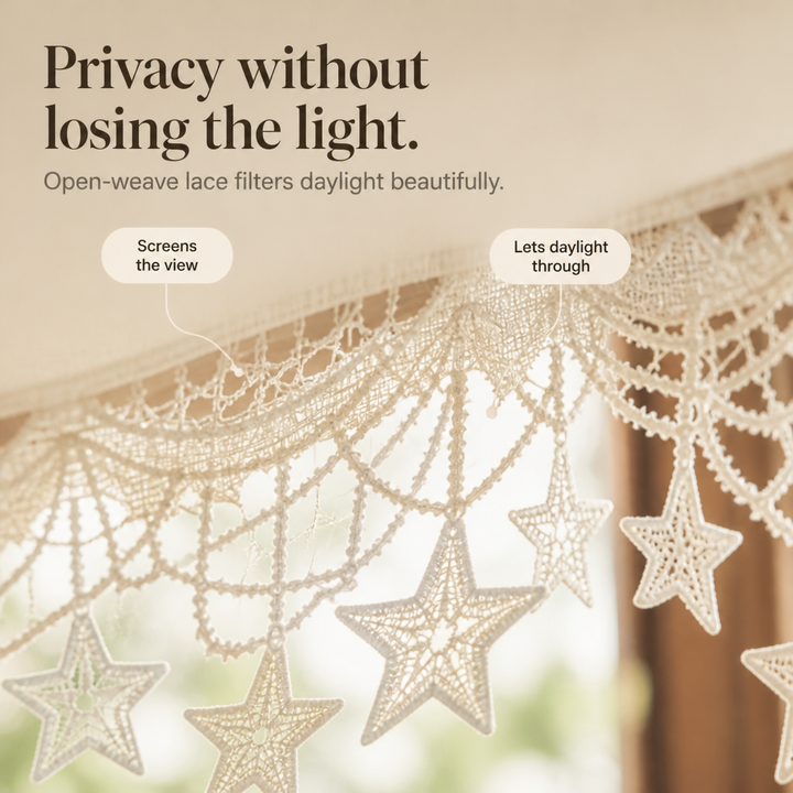 Starweave – Firanka z Gwiezdnym Koronkowym Wykończeniem do Okna Łukowego