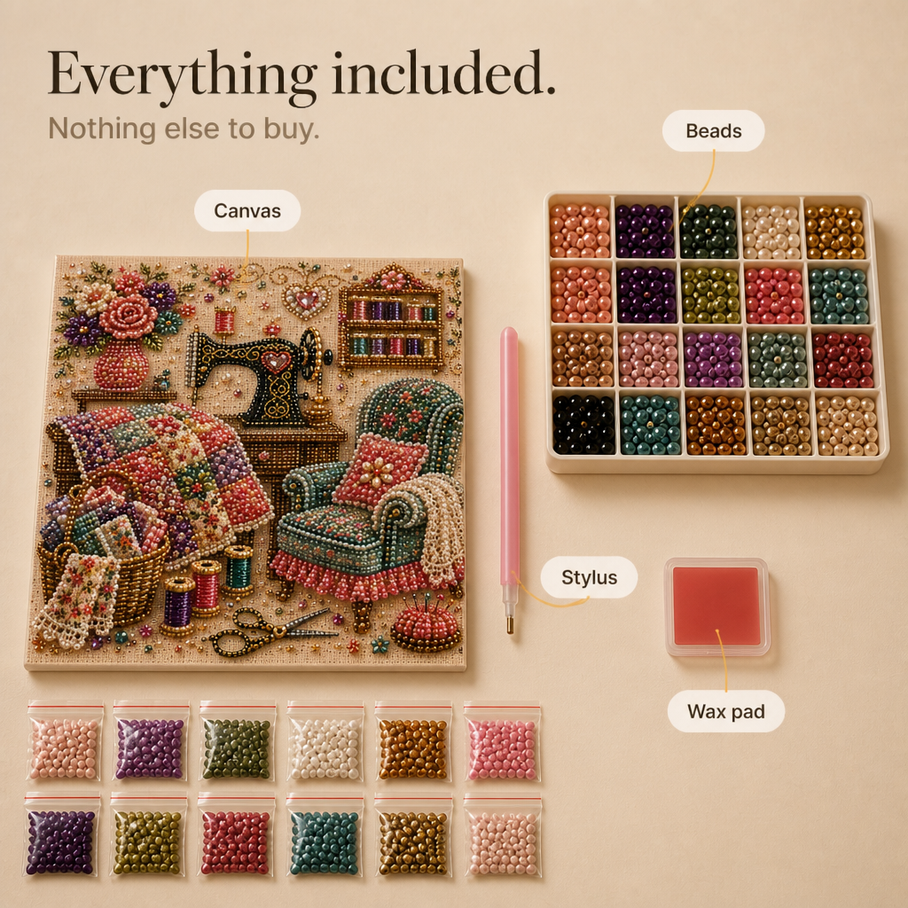 CozyGlow – Zestaw do haftu diamentowego w pracowni krawieckiej