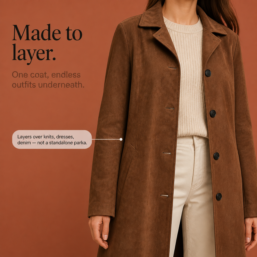 Draperie – Suede Trench, Który Porusza Się Razem z Tobą, a Nie Wokół Ciebie
