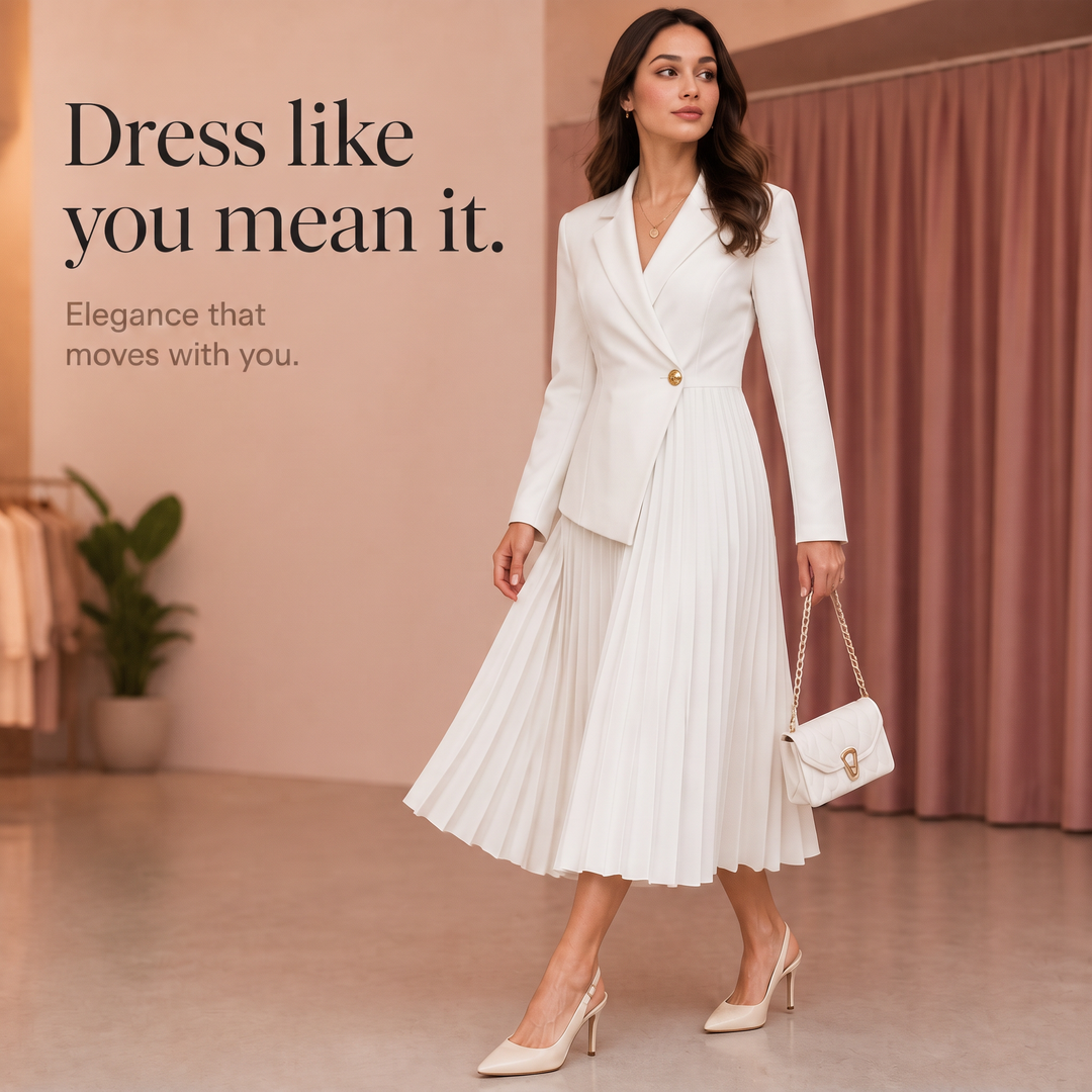 Pleat &amp; Poise – Sukienka midi z plisami i guzikiem z przodu