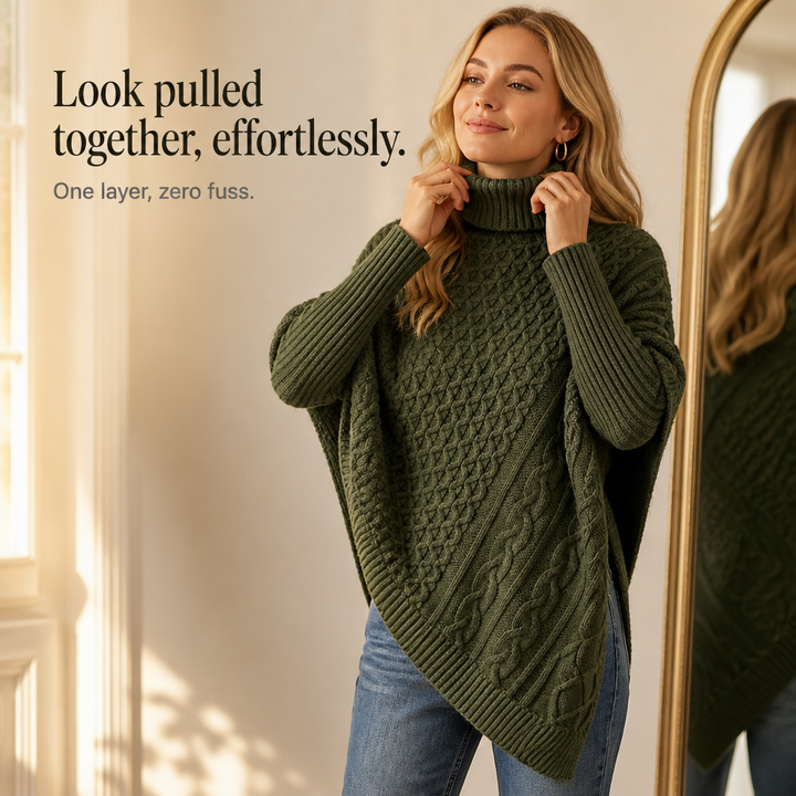 Cable &amp; Cove – Sweter Poncho z Golfem w Warkocze