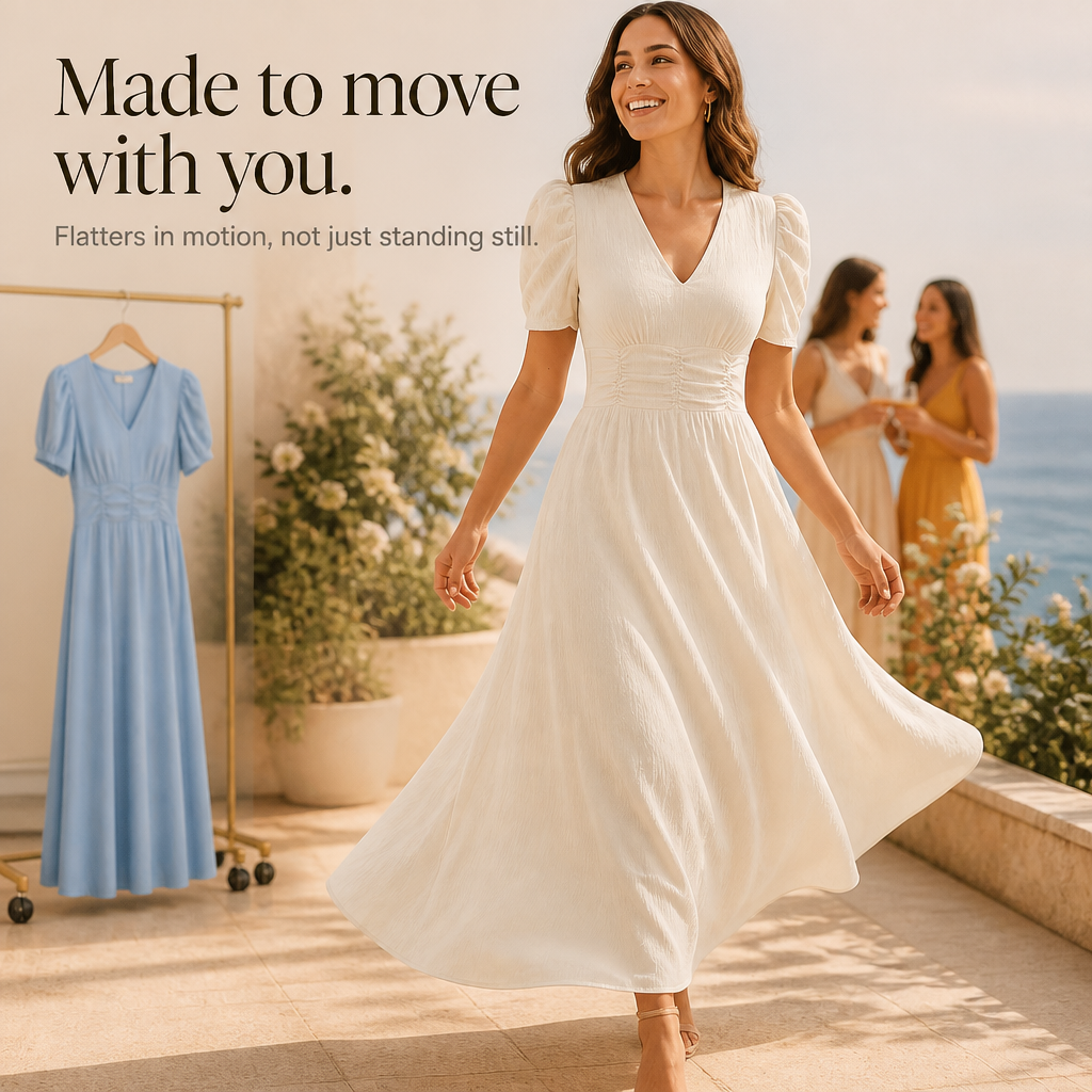Wearbella – Sukienka midi z marszczonym pasem i bufiastymi rękawami w dekolcie w serek
