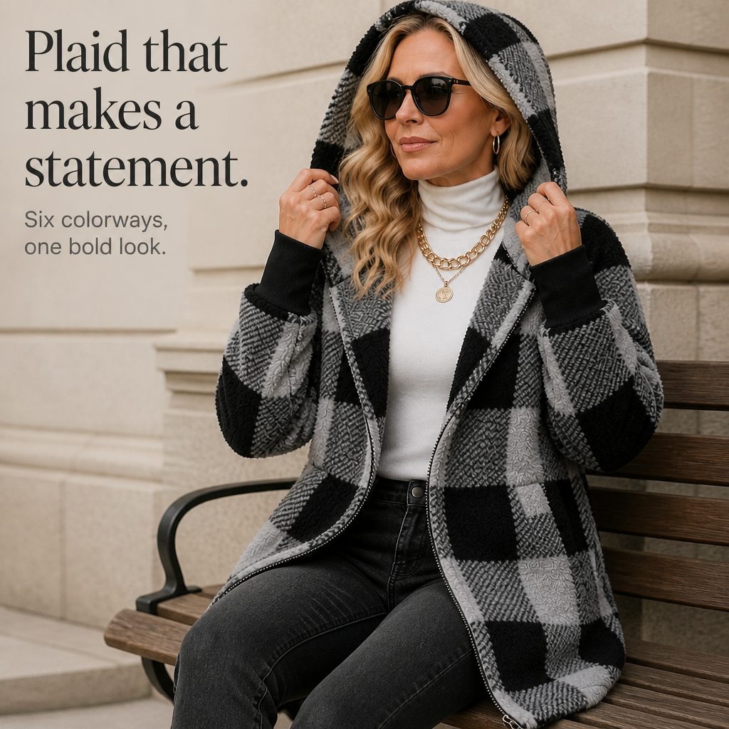 Plaidelle – Oversized Kardigan w Kratę z Kapturem