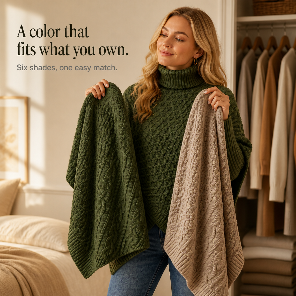 Cable &amp; Cove – Sweter Poncho z Golfem w Warkocze