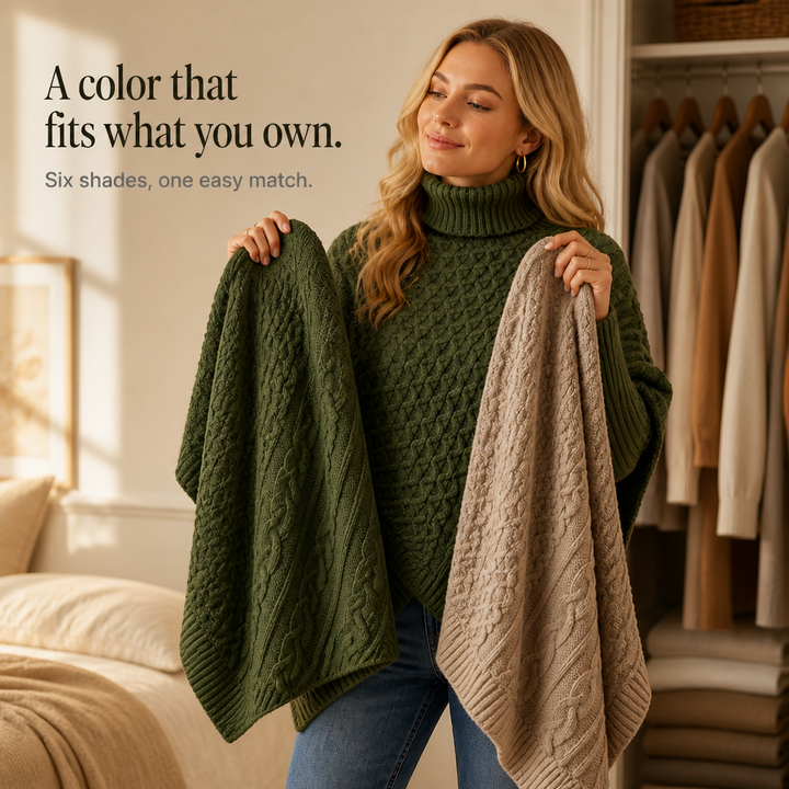 Cable &amp; Cove – Sweter Poncho z Golfem w Warkocze