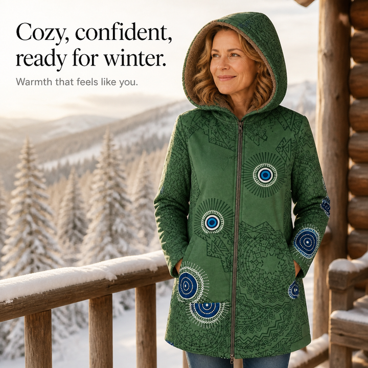 Leaf &amp; Loom – Wydrukowany Zimowy Płaszcz z Kapturem