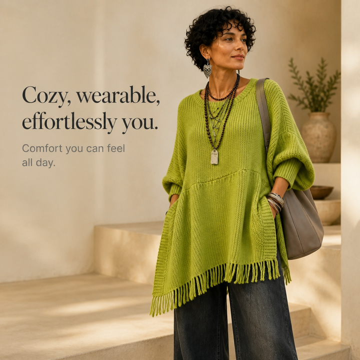 Limehaven – Teksturowany Poncho z Frędzlami i Rękawami Batwing