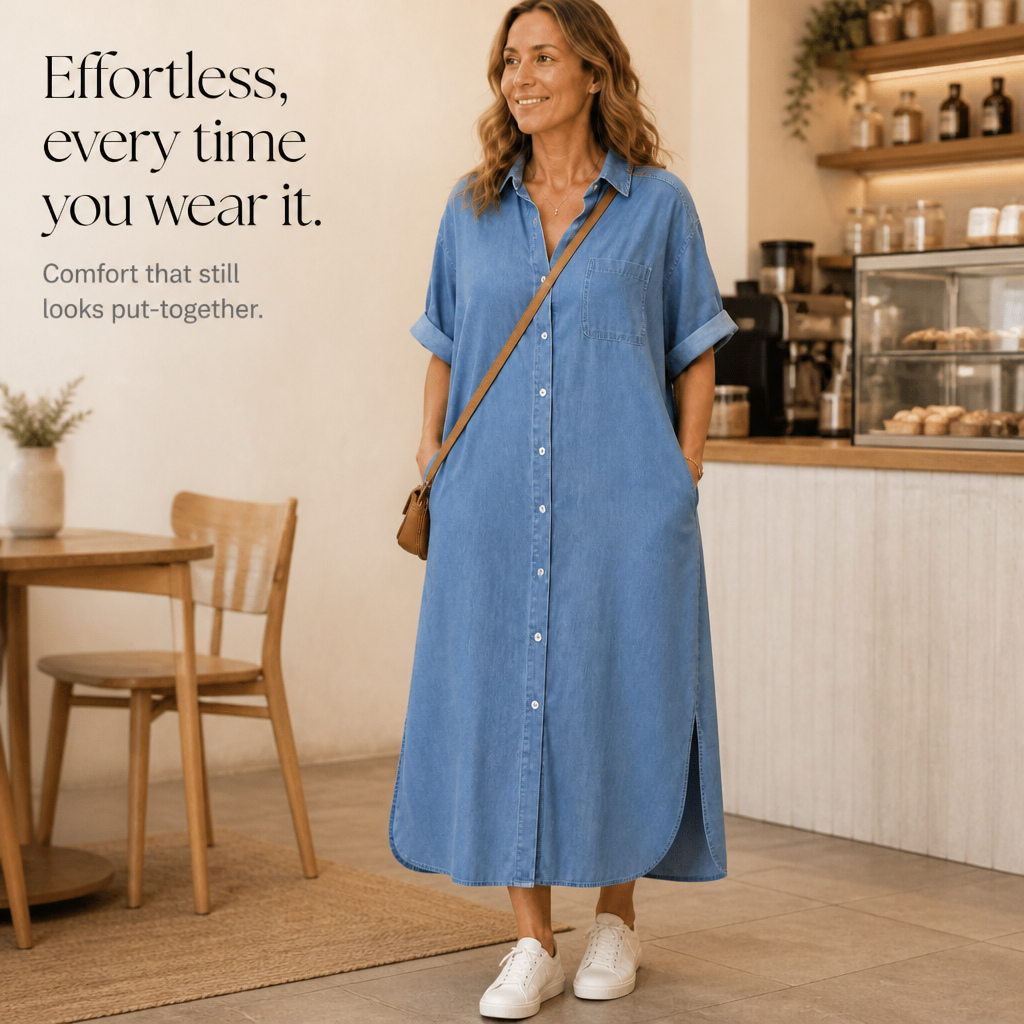 Wearbella – Luźna Sukienka Koszulowa z Jeansu z Guzikami