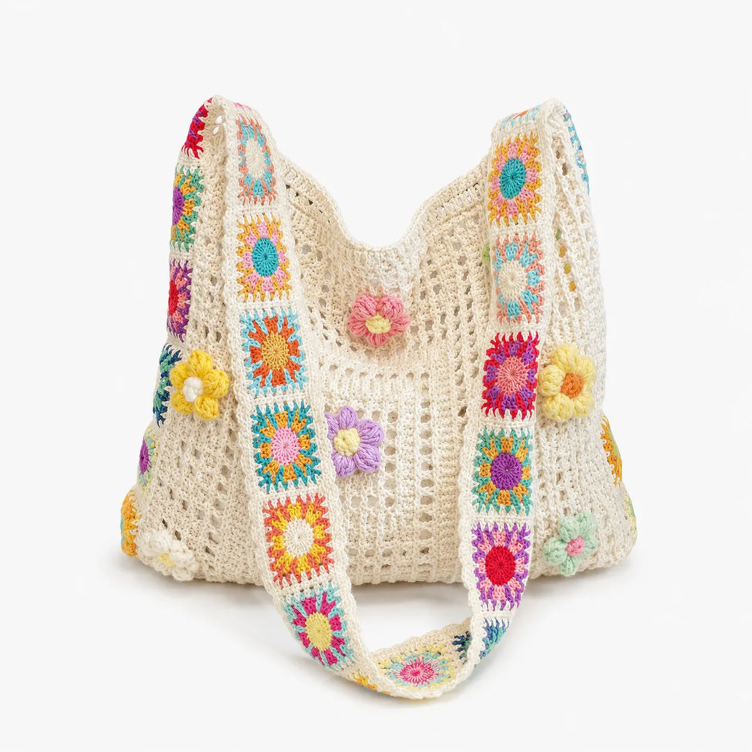 Florenza – Ręcznie szydełkowana torebka na ramię z kwiatowym motywem dla kobiet, boho torba w stylu granny-square z 3D kwiatami