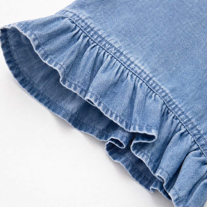 Ruffledenim – Kardigan z wykończeniem falbaną w stylu dżinsowym, otwarty z przodu