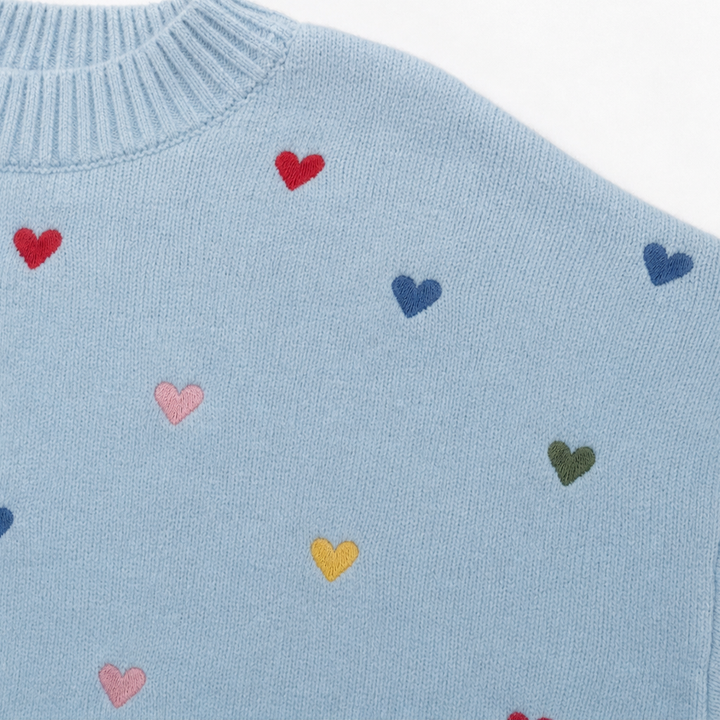 Heartwell – Kolorowy Sweter z Serduszkami i Rękawami Nietoperzami