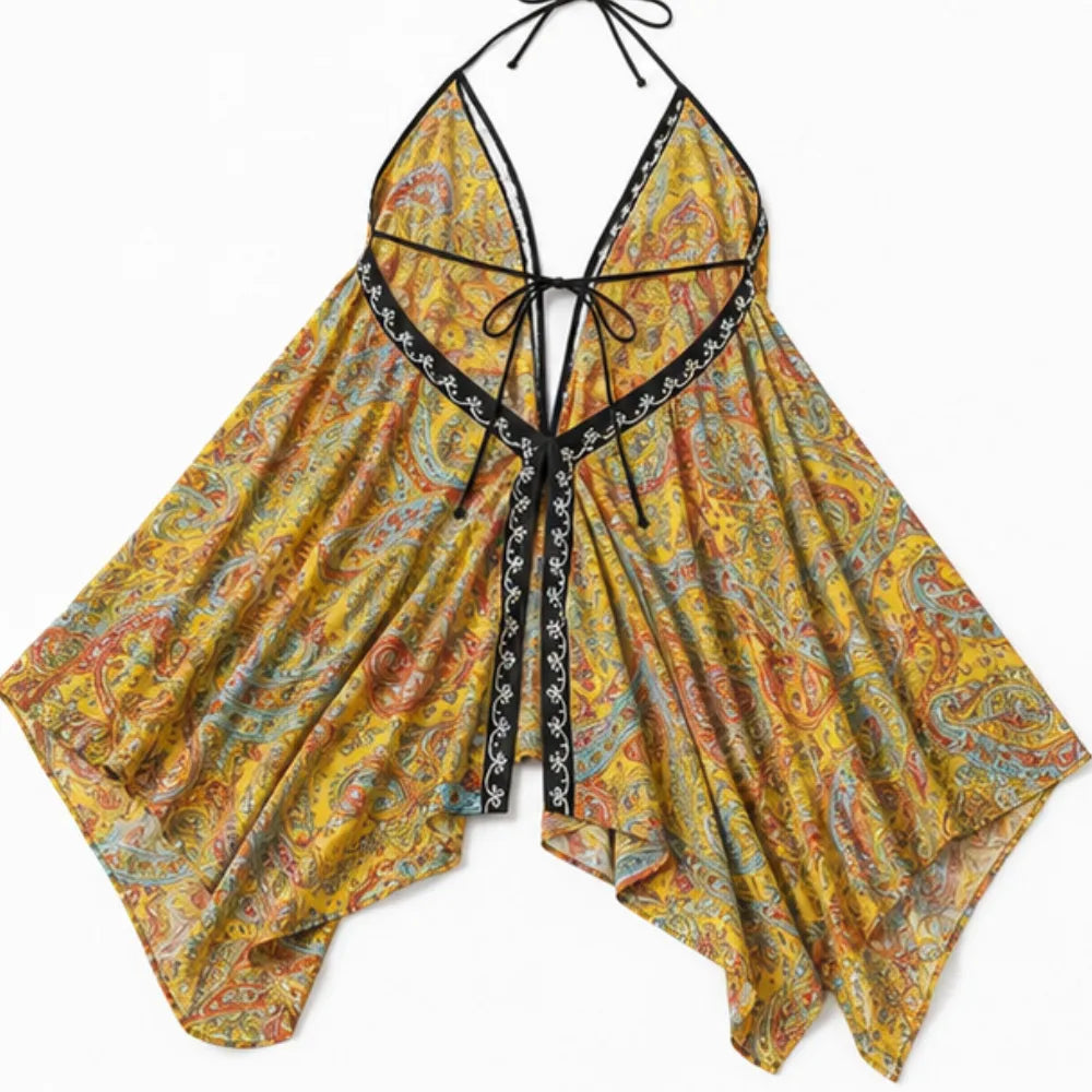 Solivia – Boho sukienka maxi w paisley na szyję z odkrytymi plecami i hemem w kształcie chusty