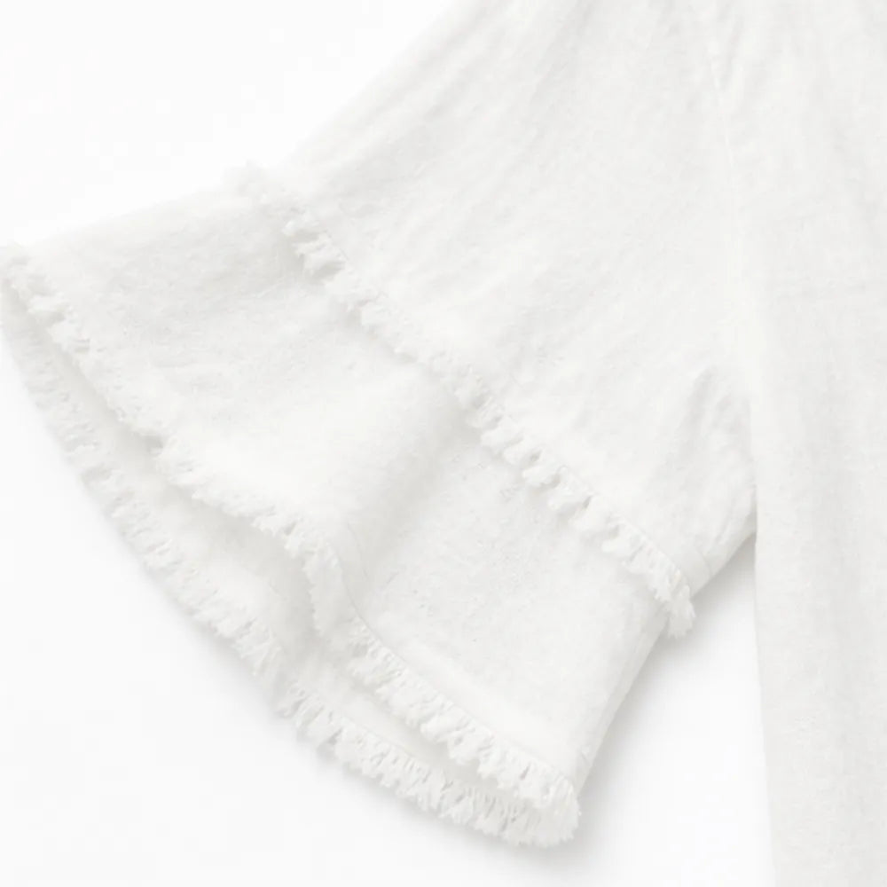 Lorelei – Boho T-shirt z frędzlami w dekolcie V dla kobiet, luźny krój maskujący brzuch