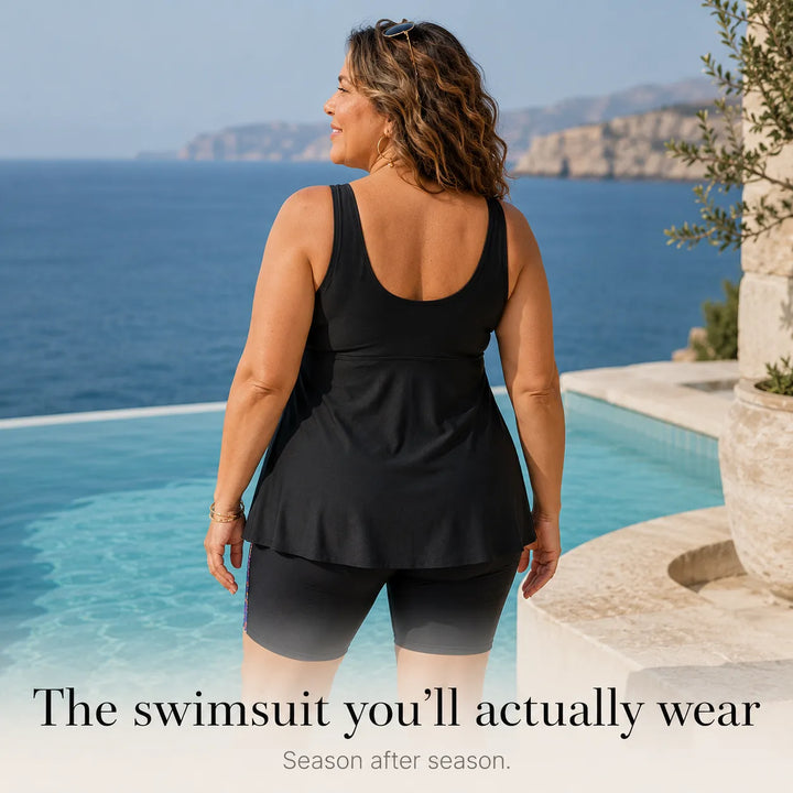 Sirella – Luźny tankini w stylu empire i szorty dla krągłych sylwetek