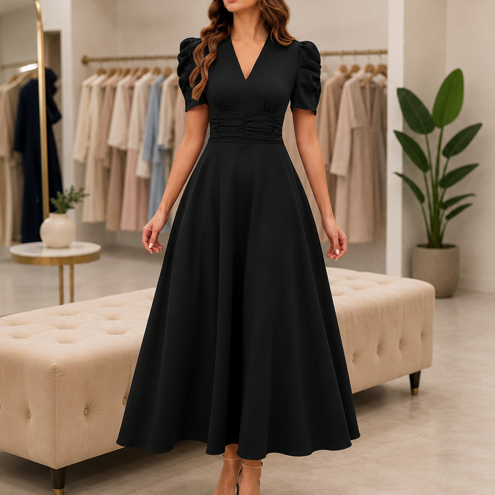 Wearbella – Sukienka midi z marszczonym pasem i bufiastymi rękawami w dekolcie w serek