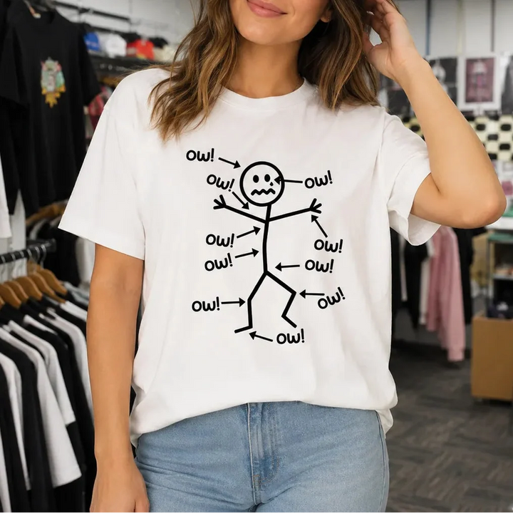 Achewear – Śmieszna koszulka z rysunkiem "Ow!" w stylu stick figure, luźny fason, t-shirt przypominający bawełnę dla kobiet i mężczyzn