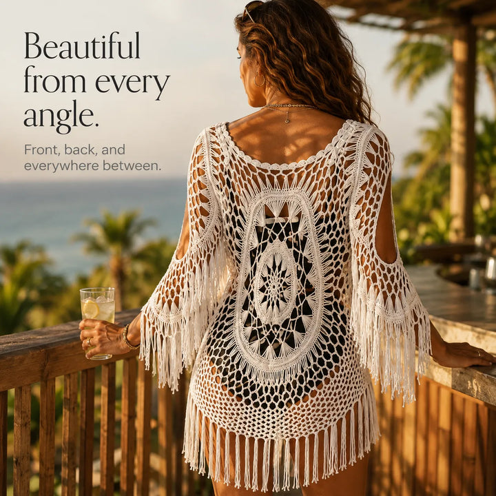 Solenza – Boho Szydełkowy Pareo z Długim Frędzlem i Detalem Mandali
