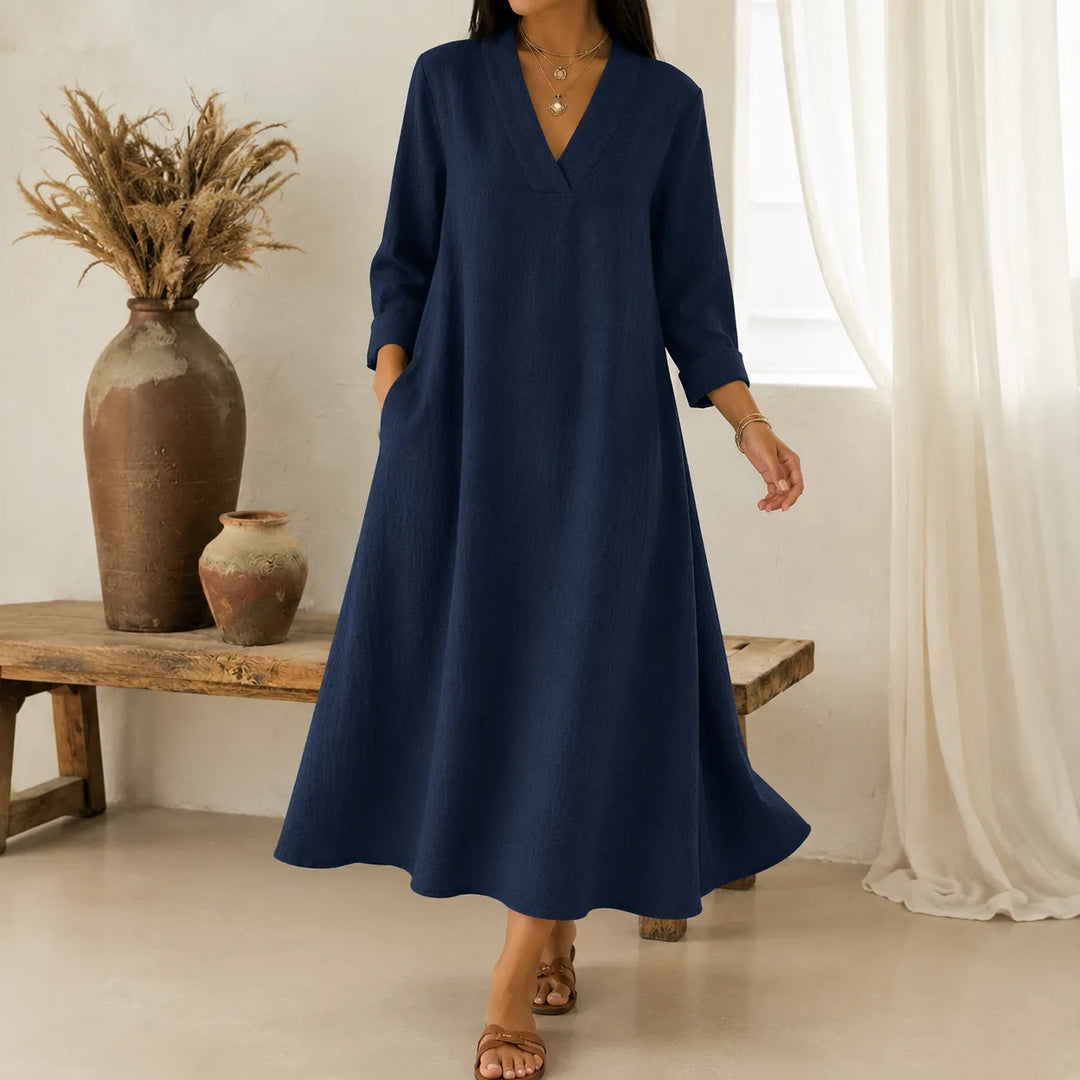 Lunara – Sukienka maxi w stylu lnianym z dekoltem w serek i kieszeniami