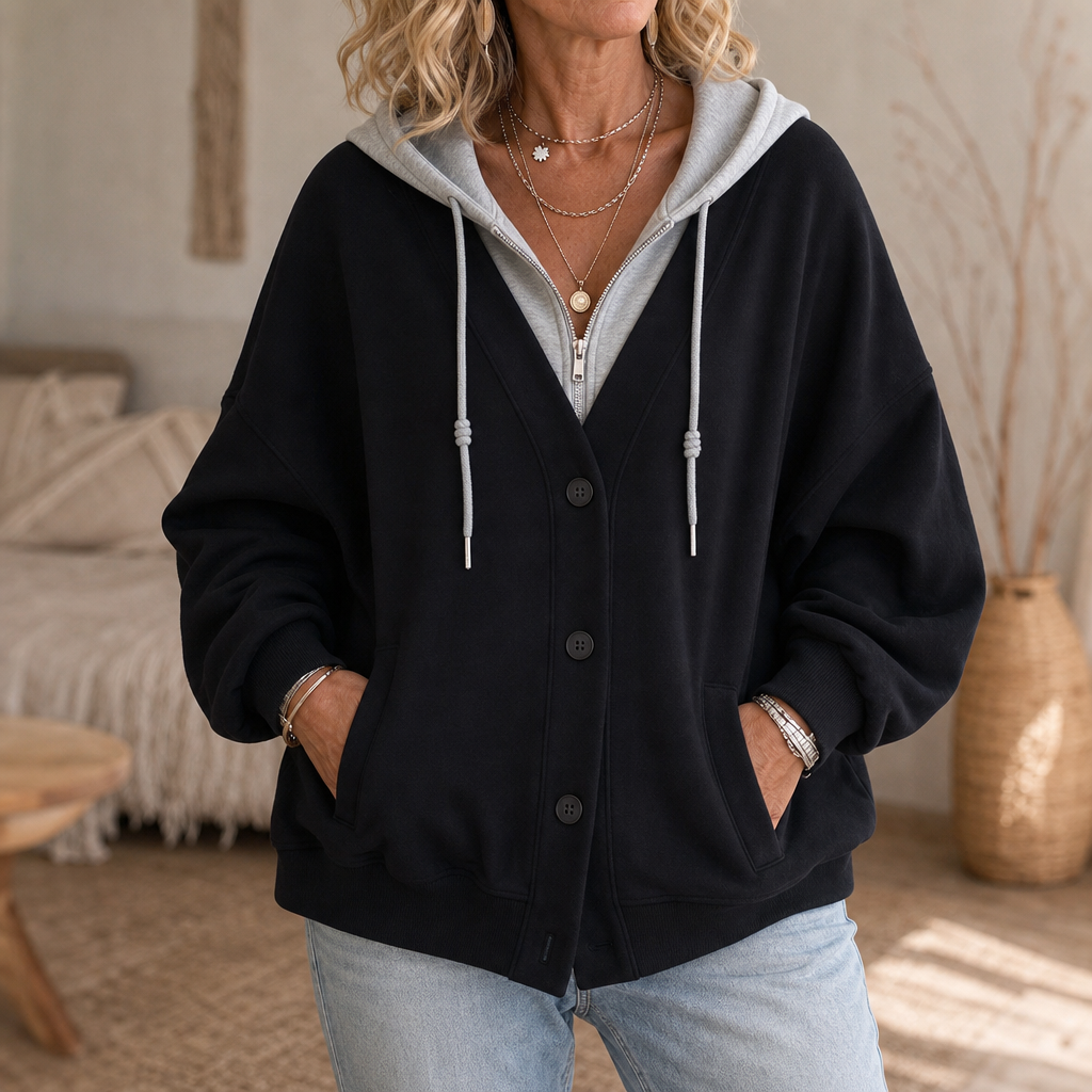 Layerelle – Kolorowy Blokowany Hoodie z Faux-Warstwą i Dekoltem w Serek