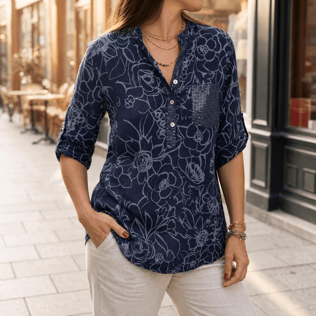 Florenne – Kwiatowa Bluzka z Kieszonką i Cekinami dla Kobiet