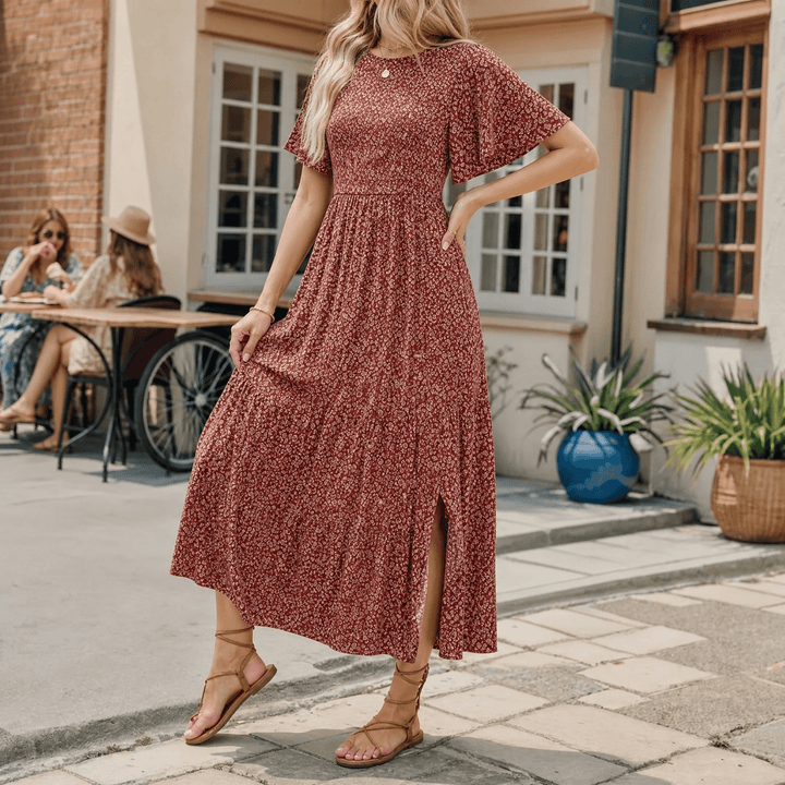Florenza – Sukienka maxi w kwiaty z marszczeniem na wiosnę