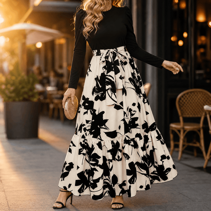 Florenza – Damska sukienka maxi w kwiaty z wiązaniem w talii
