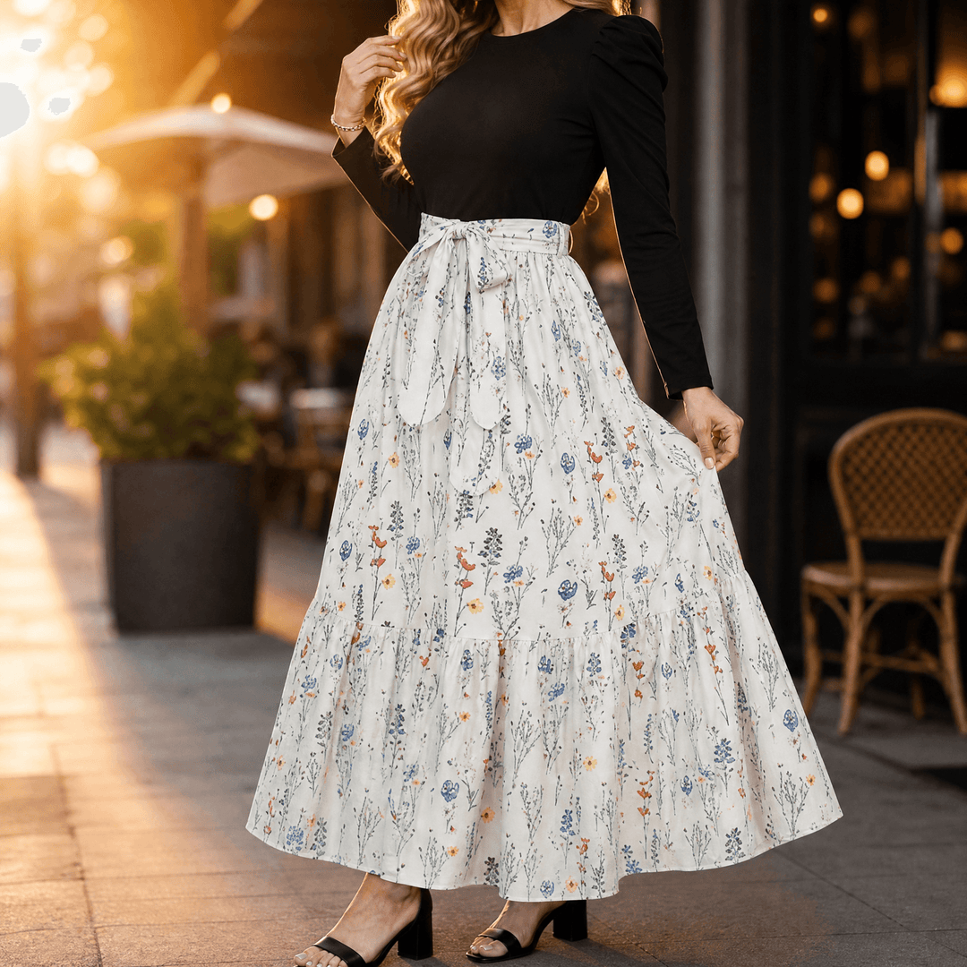 Florenza – Damska sukienka maxi w kwiaty z wiązaniem w talii