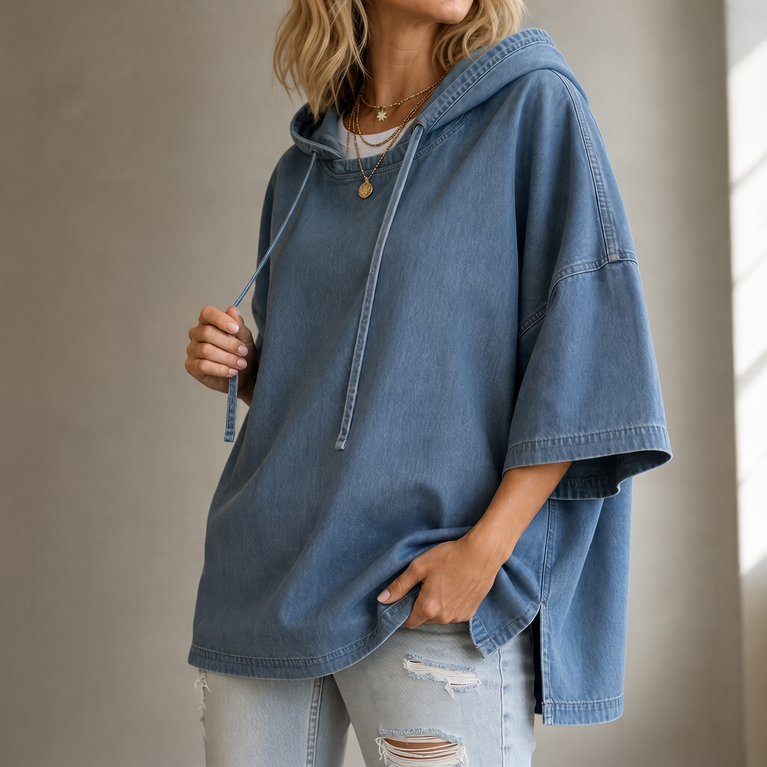 Wearbella – Oversized, Prany Denimowy Pulower z Kapturem