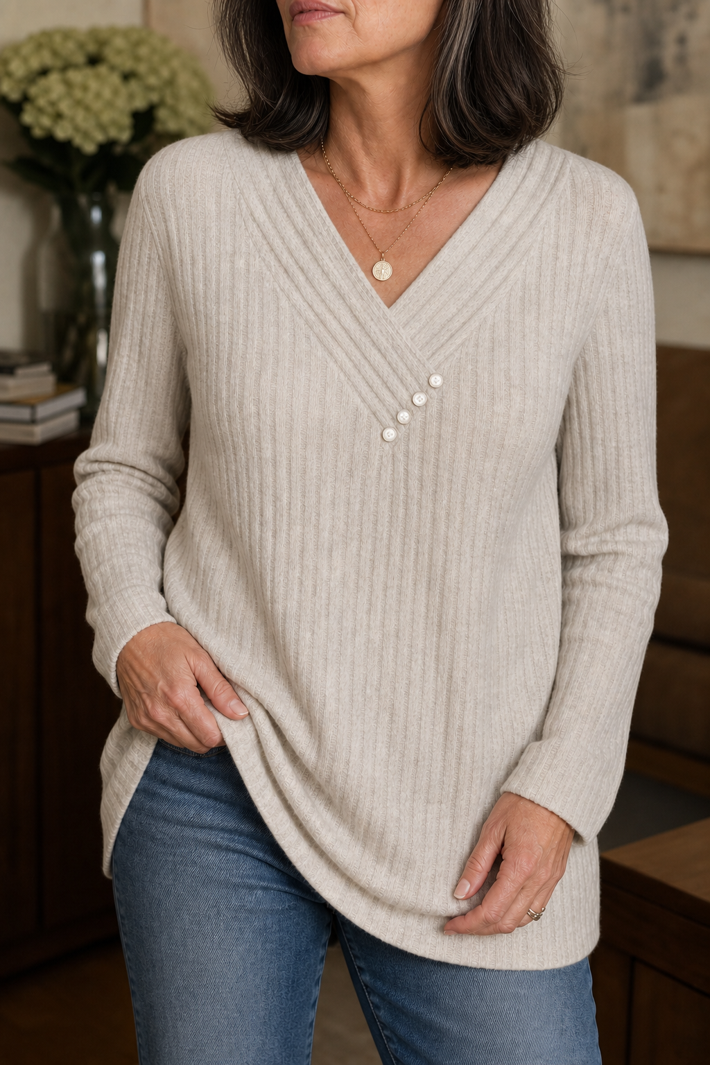 Marlowe &amp; Rib – Sweter z dekoltem w serek i guzikami