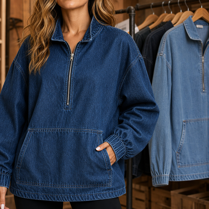 Half-Zip Haven – Pulower z połową zamka w wyglądzie prania dżinsu